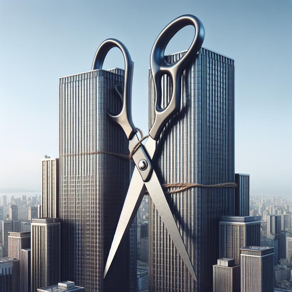 "Office buildings with price tag scissors"