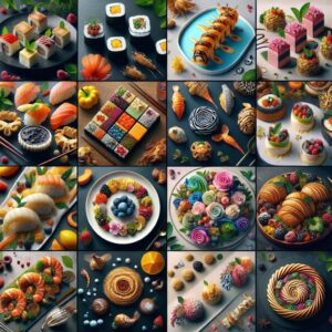 Artistic food creations collage.