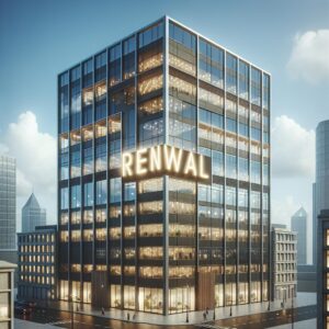 "Corporate building with renewal sign"