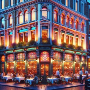 Vibrant restaurant facade at dusk