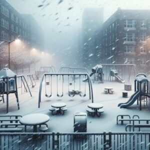 Empty school playground snowstorm