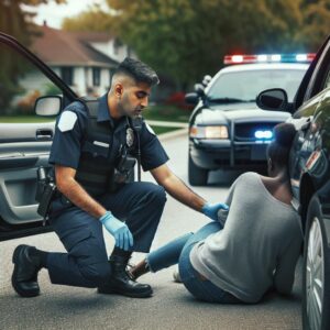 Police aiding unconscious motorist.