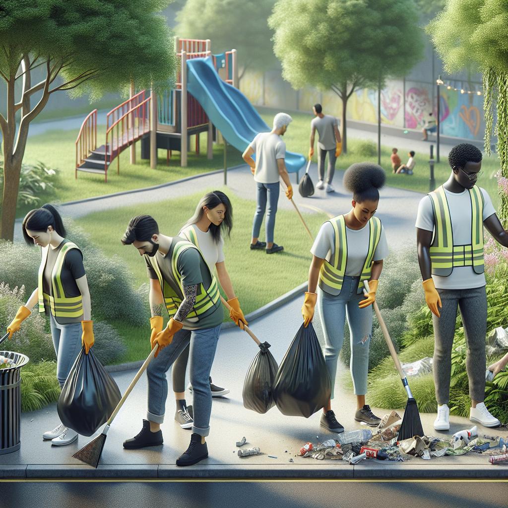 Volunteers cleaning urban park.