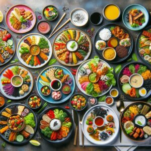 Colorful fusion cuisine spread.