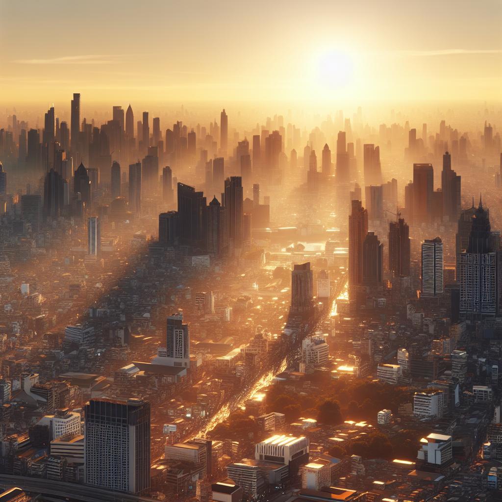 Morning sunlight cityscape aerial.
