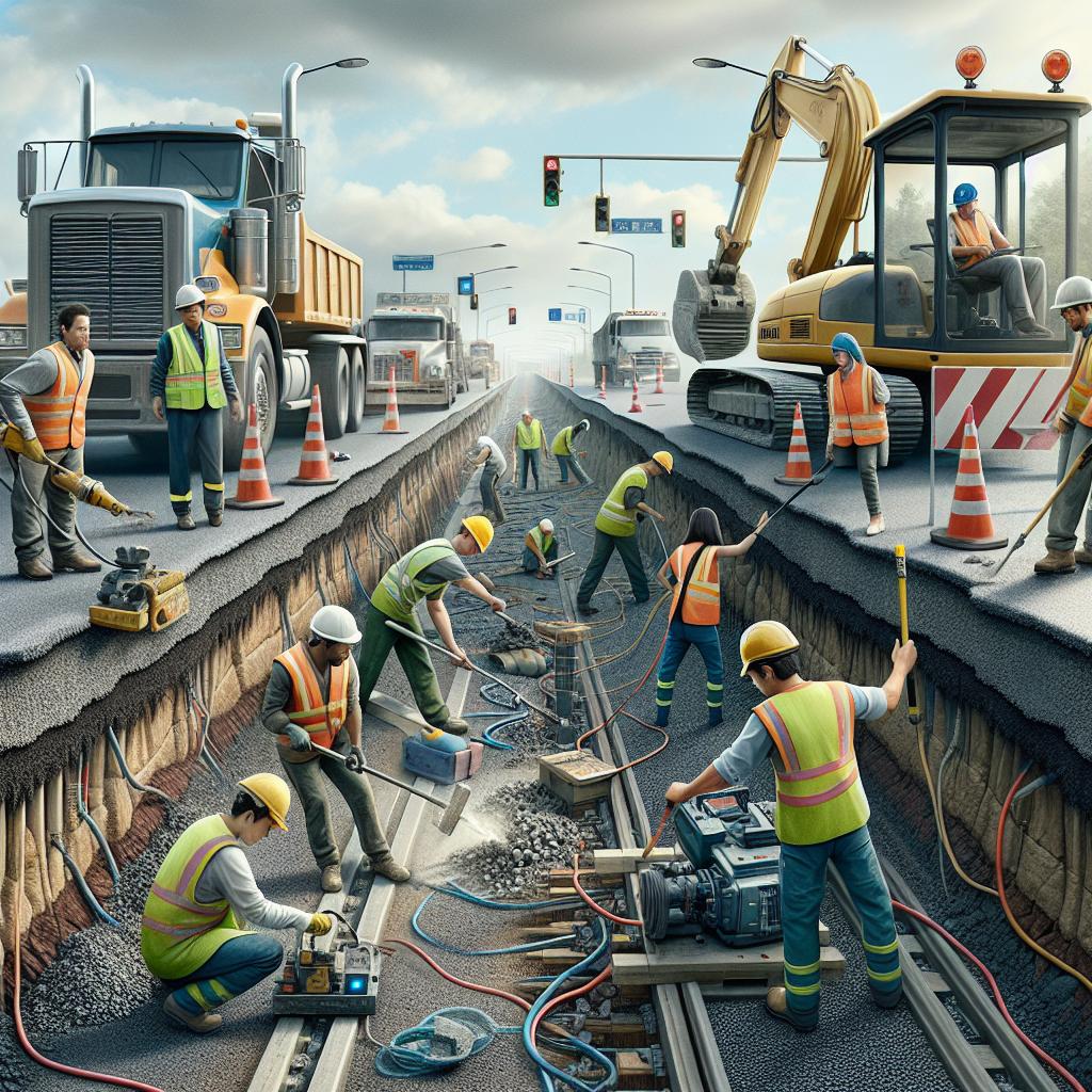 Construction workers repairing road.