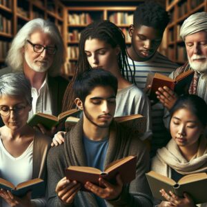 Diverse group reading together.