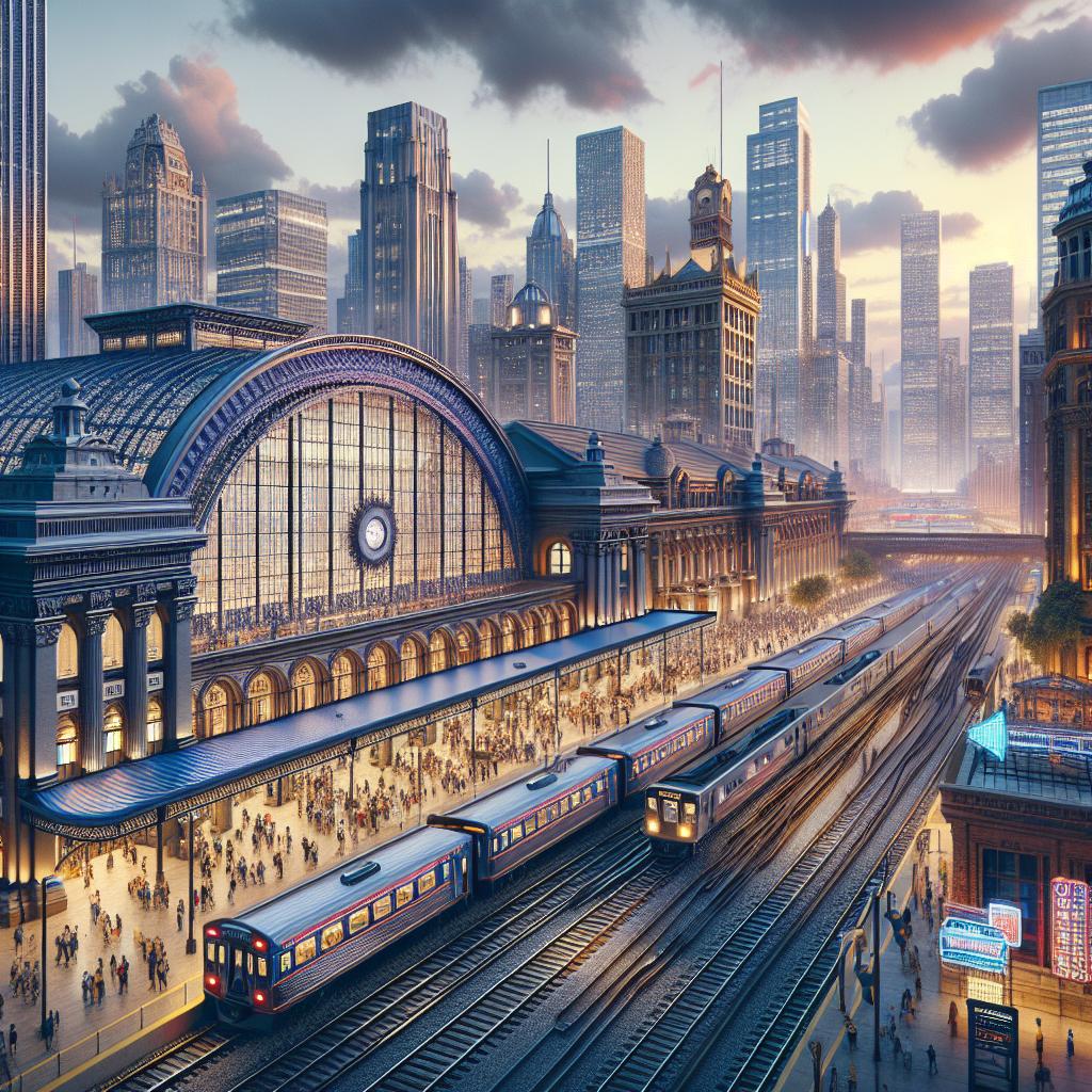Train station cityscape illustration.