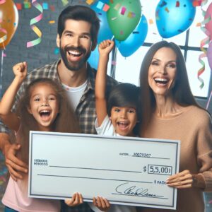 Celebratory family holding check.