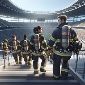 Firefighters climbing stadium stairs.