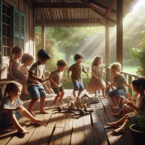 Children playing on porch.