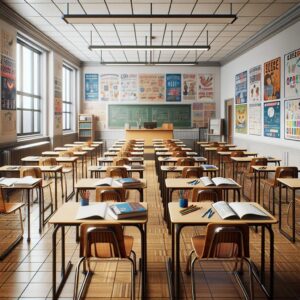 Classroom with distanced desks.