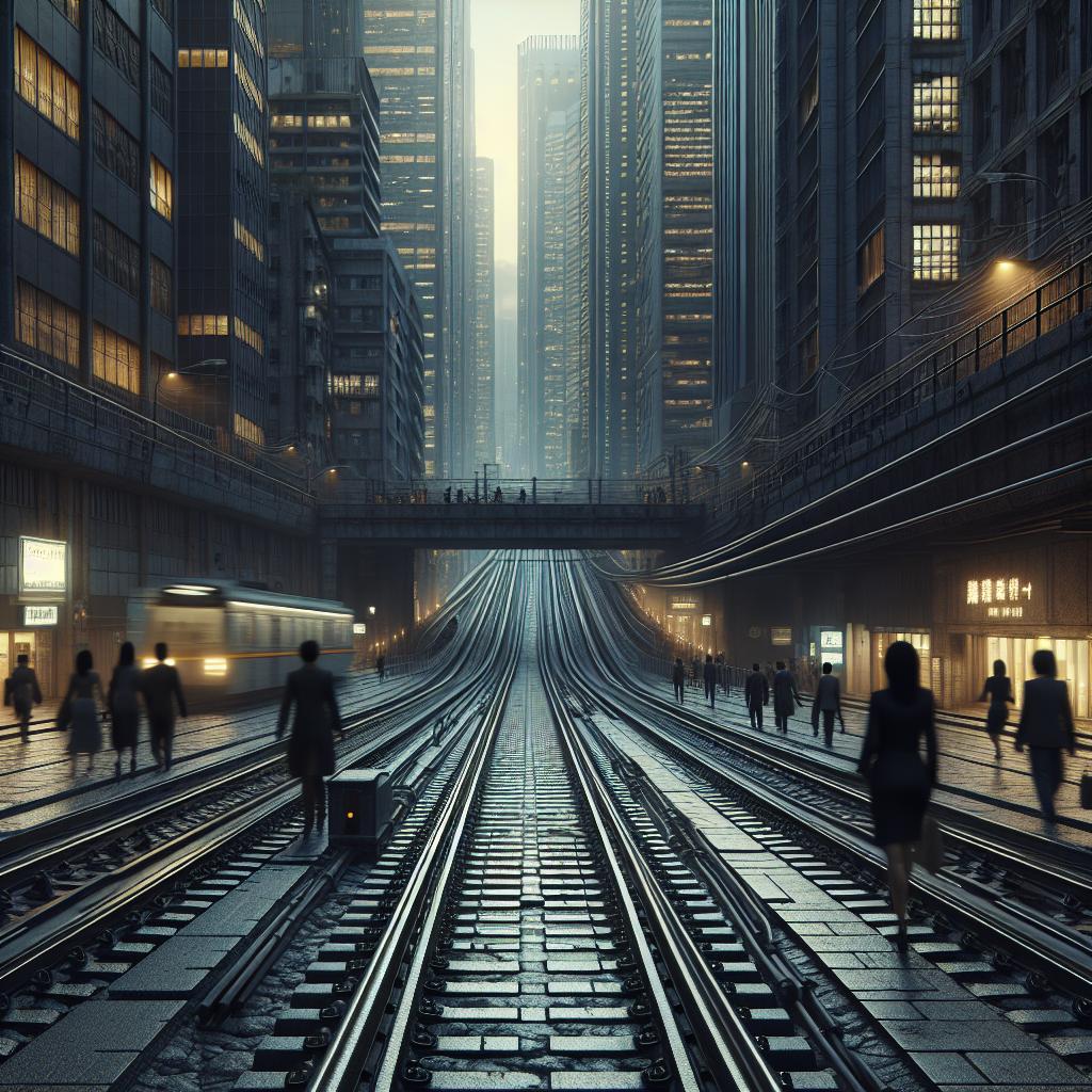 "Rail tracks along urban path"