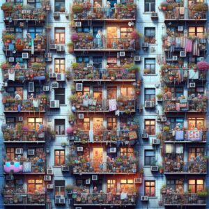 Overcrowded apartment building illustration