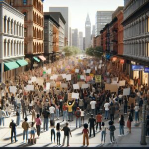 Protest in city street.