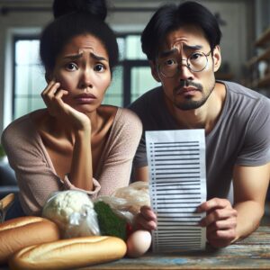 Worried parents with shopping list