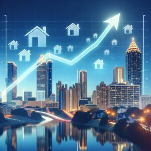 Graph chart with Upwards-arrow, Atlanta skyline, Housing icons.