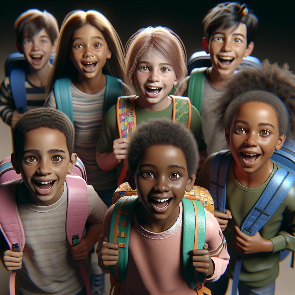 Excited kids with backpacks