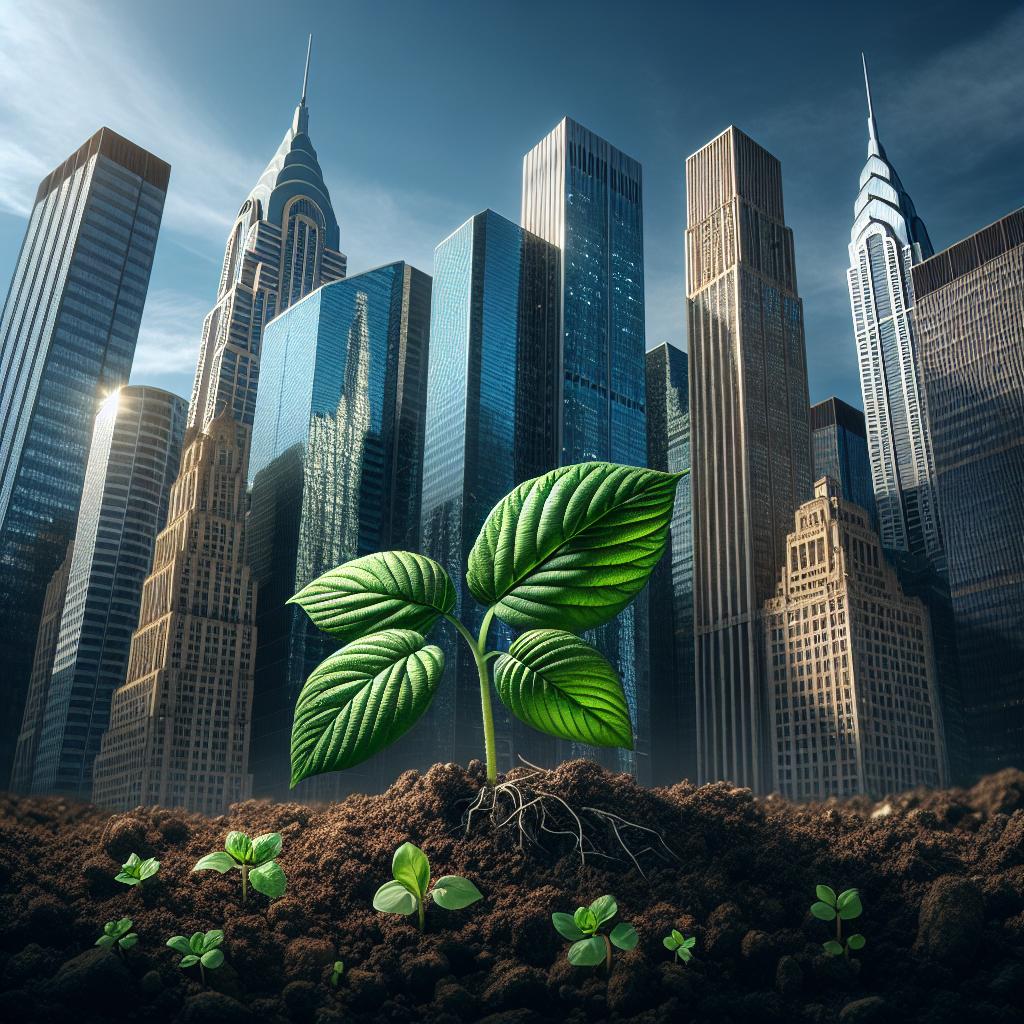 "Contrasting Skyscrapers with Growing Seedling"