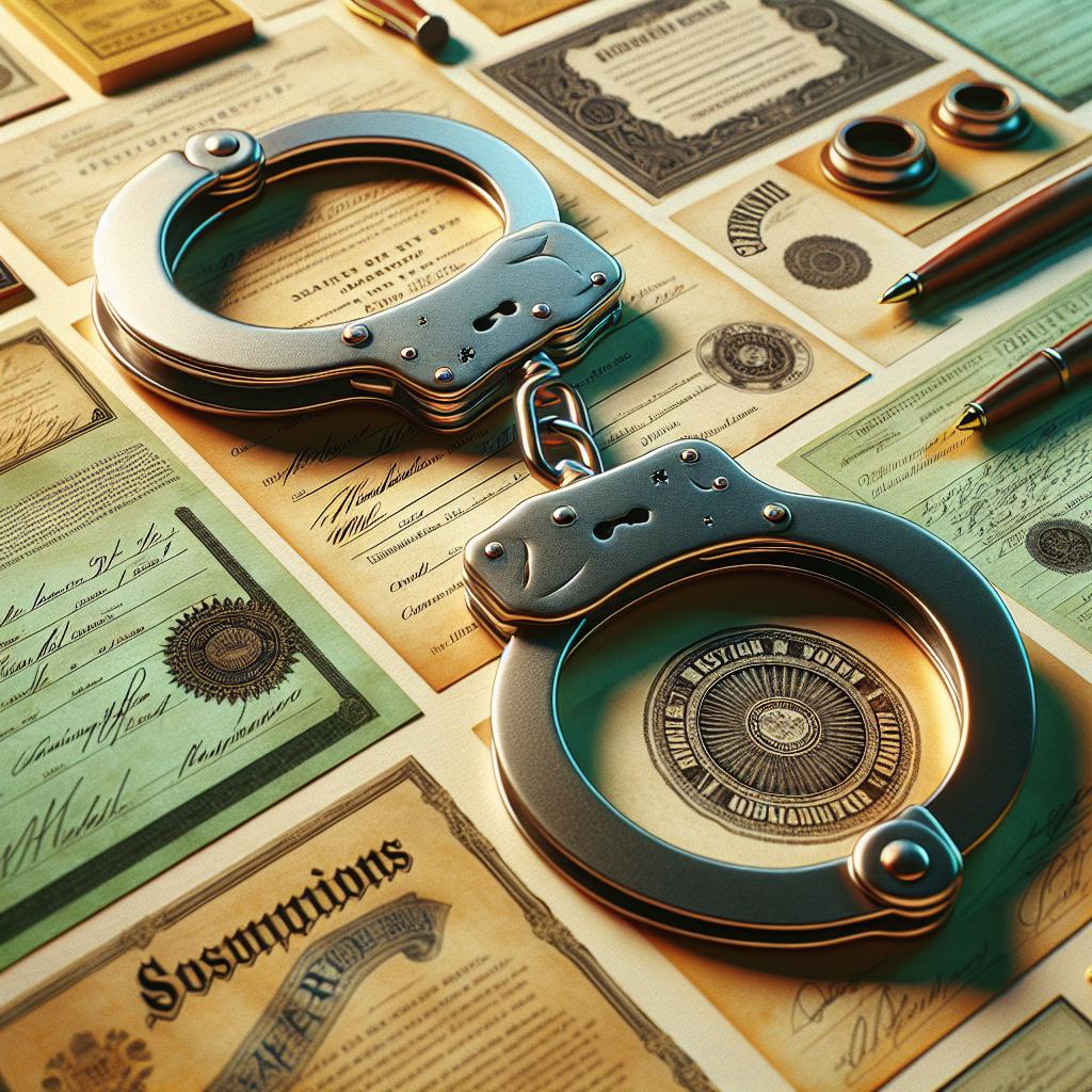 Handcuffs and legal documents.