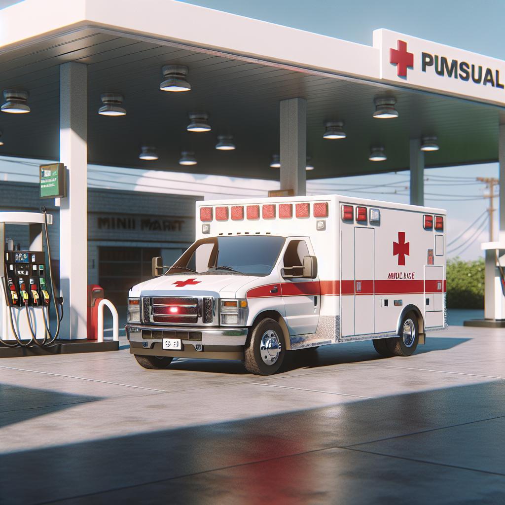 Ambulance at gas station.