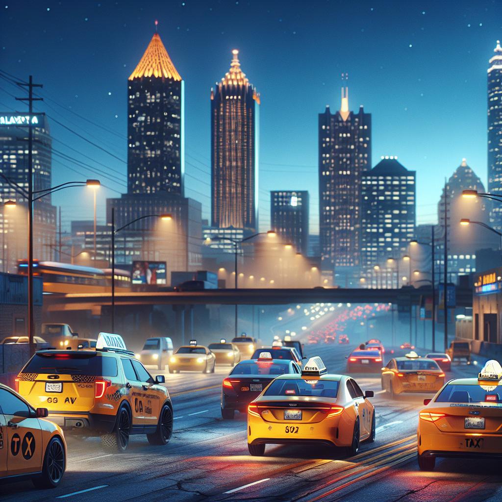 "Atlanta taxis under city skyline"