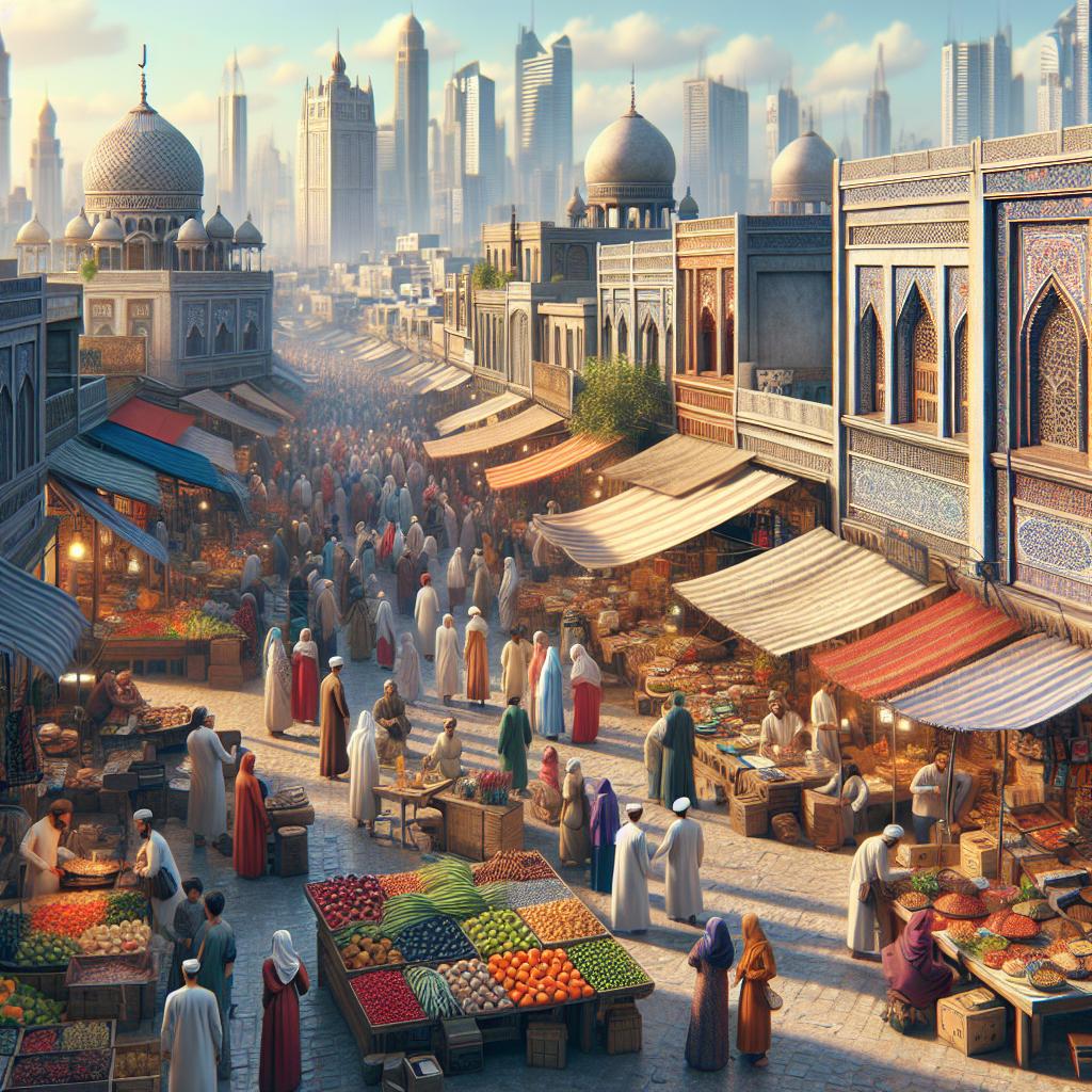 Busy city marketplace scene.