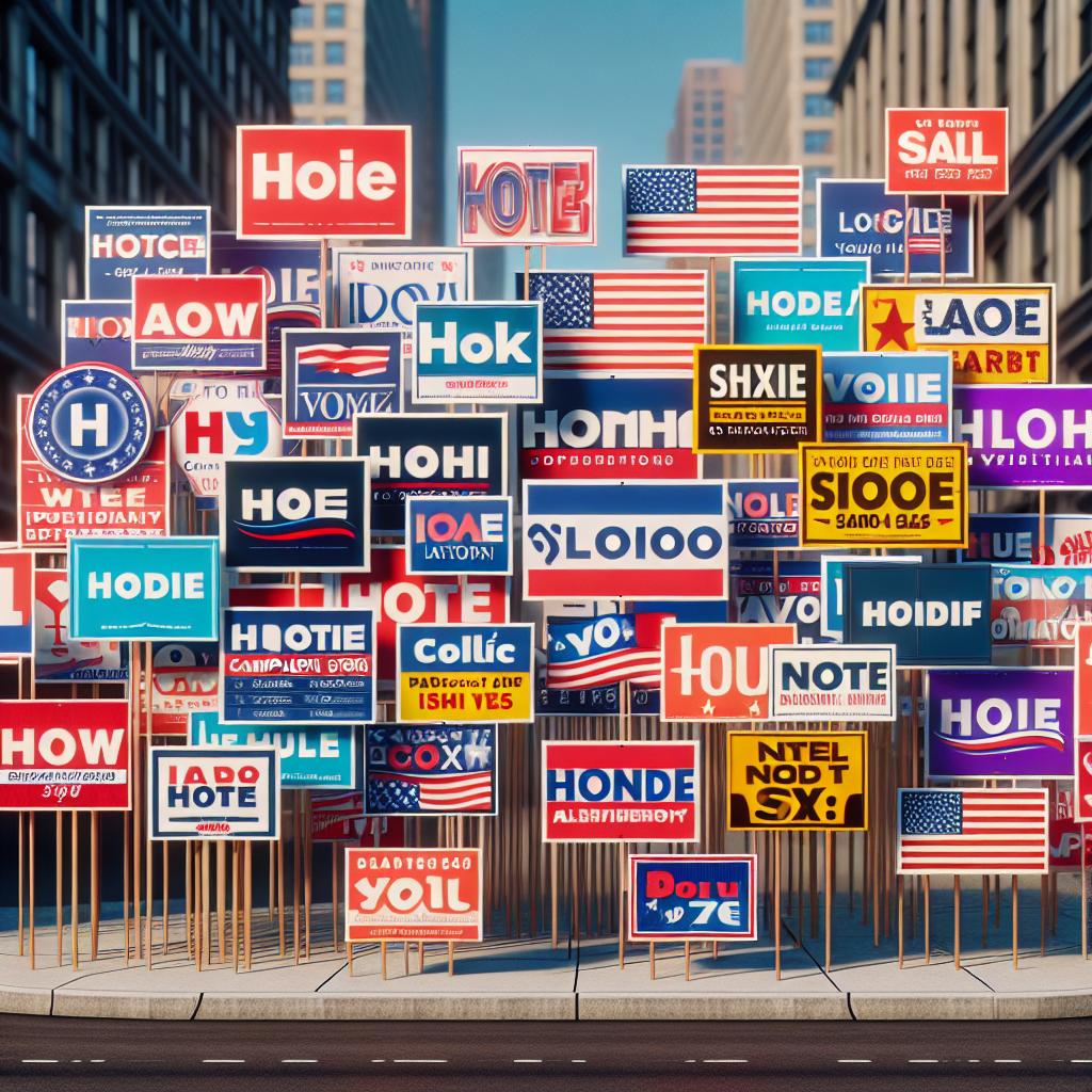 "Political signs display prominently"