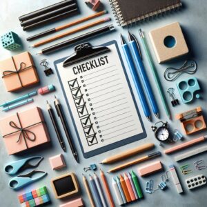 School supply checklist flatlay