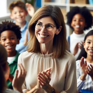 Teacher applauded by students.