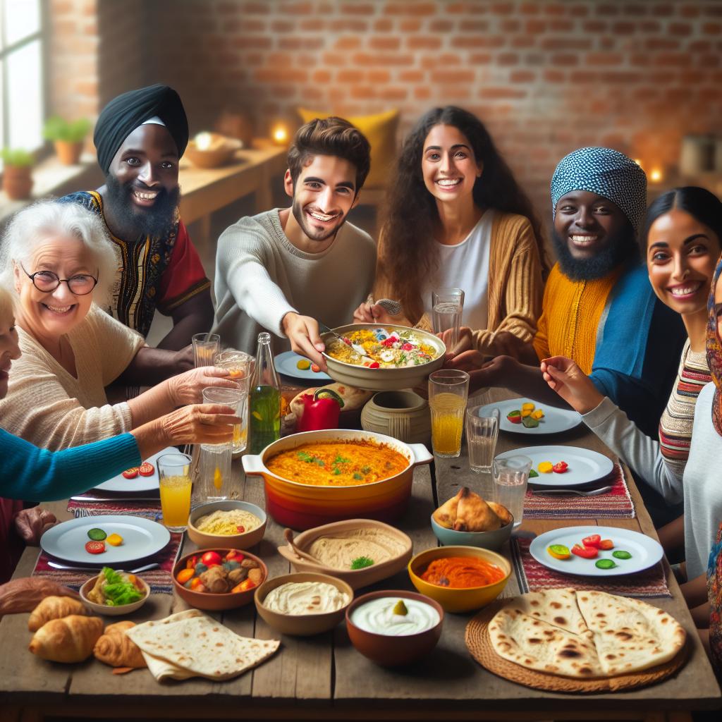 Diverse community dining together.