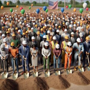 "Construction workers groundbreaking ceremony"