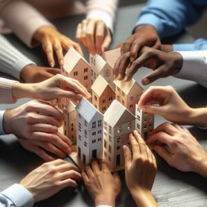 Diverse hands building miniature houses