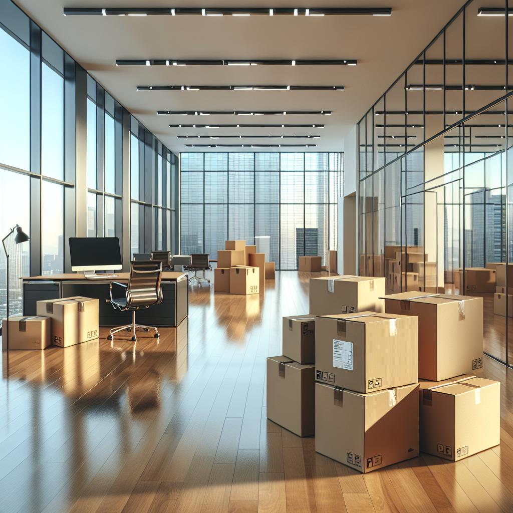 "Empty office, moving boxes"