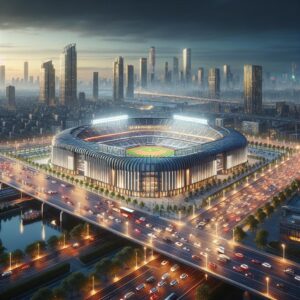 "Baseball stadium in city"