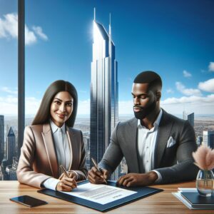 "Signing Lease with Skyscraper Background"