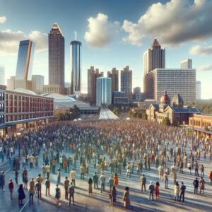 Atlanta skyline with crowd.