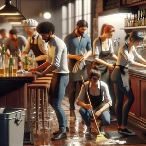 "Pub staff cleaning mess"