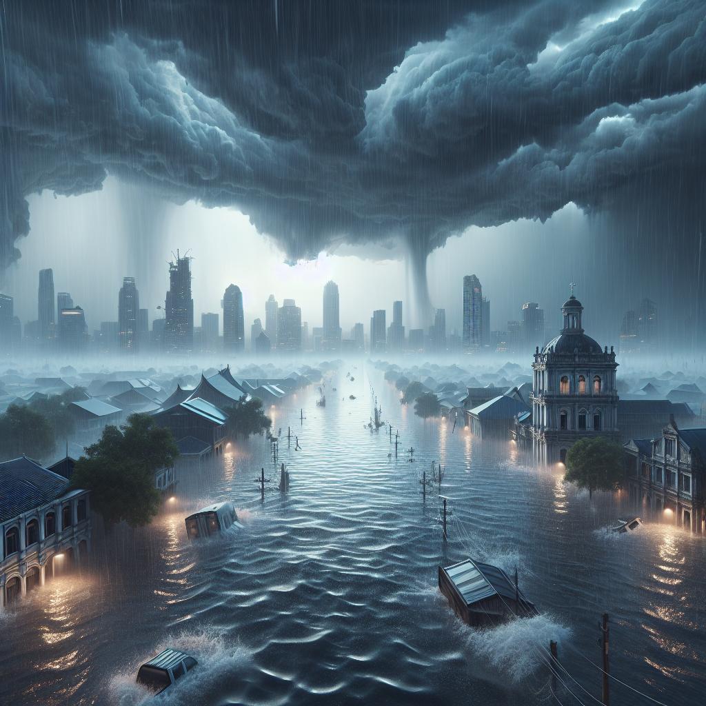 City underwater during storm.