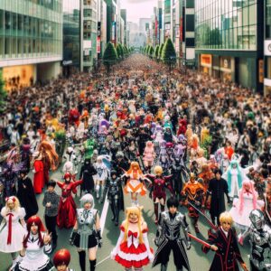 Crowded street parade cosplayers.