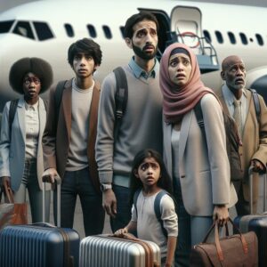 Family boarding plane nervously.