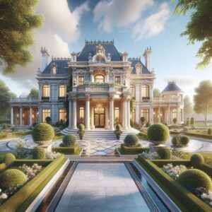 Luxurious mansion getaway invitation.