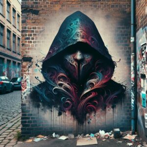 Hooded figure graffiti art.