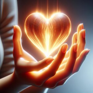 Hands holding glowing heart.