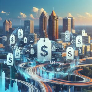 Car insurance price tags, Atlanta skyline