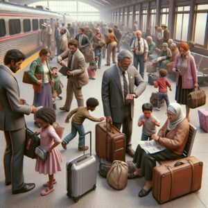 "Stranded travelers at Atlanta bus station"