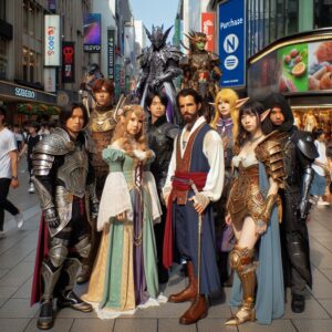 Cosplayers in crowded street.