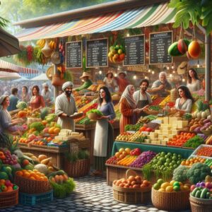 Colorful food market scene.