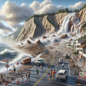 Coastal landslide evacuation illustration