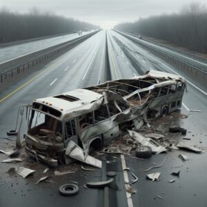 Bus wreckage on highway.